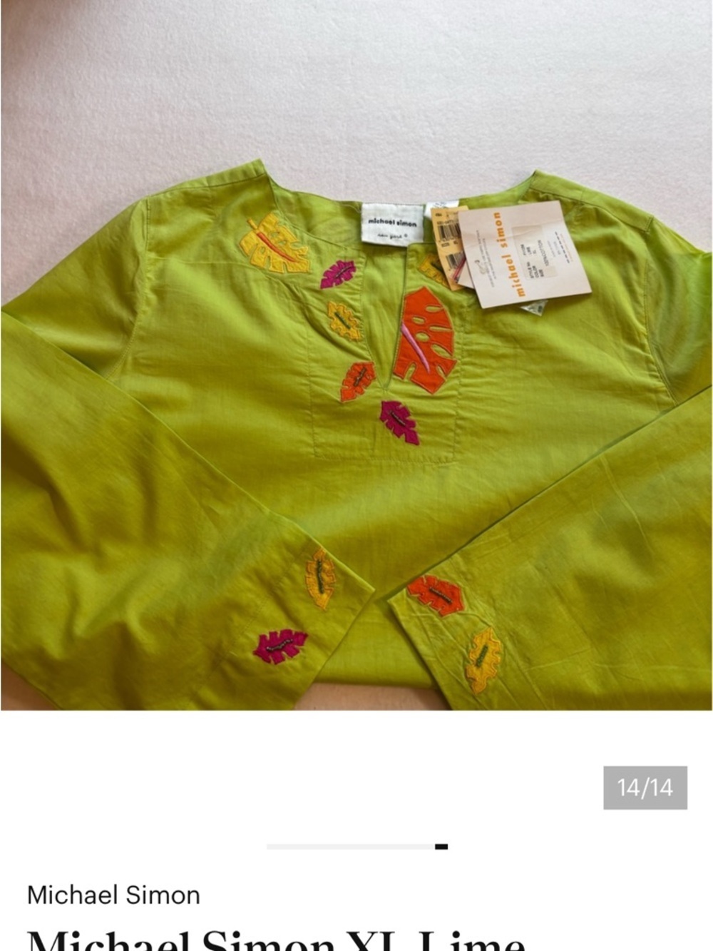 Michael Simon XL Lime Embroidered Chameleon Top NWT - Picture 15 of 15